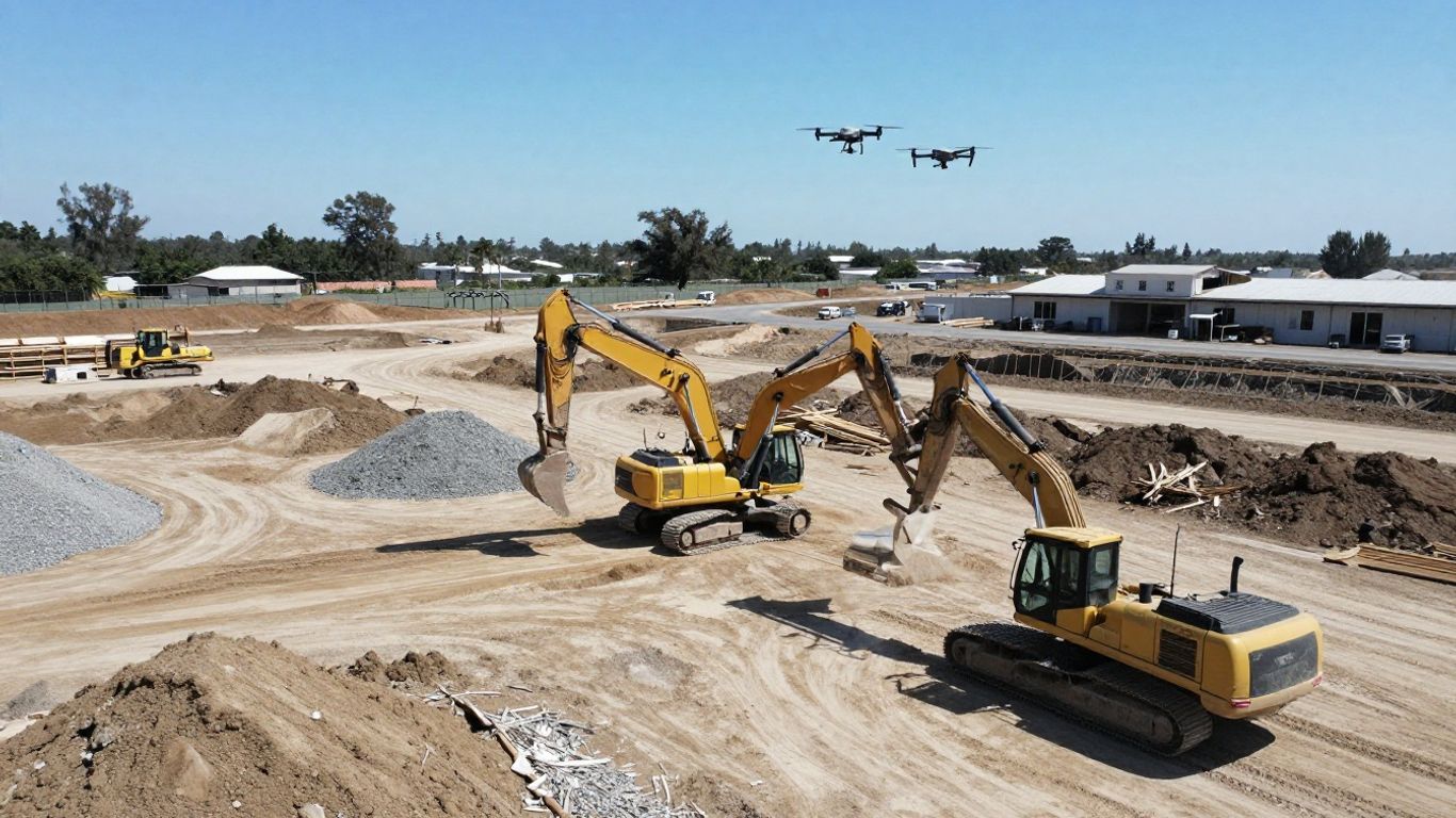 Drone flying over California construction stockpiles and equipment