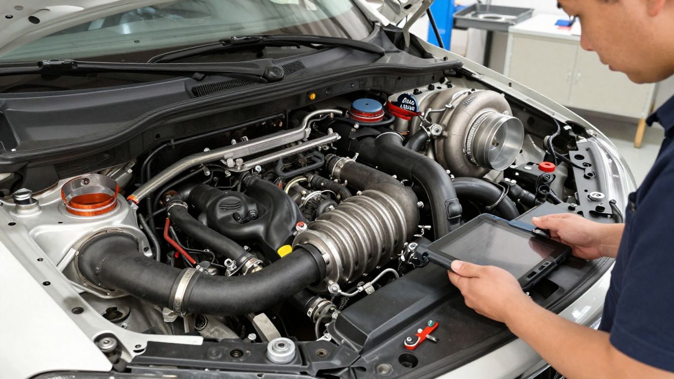 Technician inspecting turbo hoses with diagnostic equipment