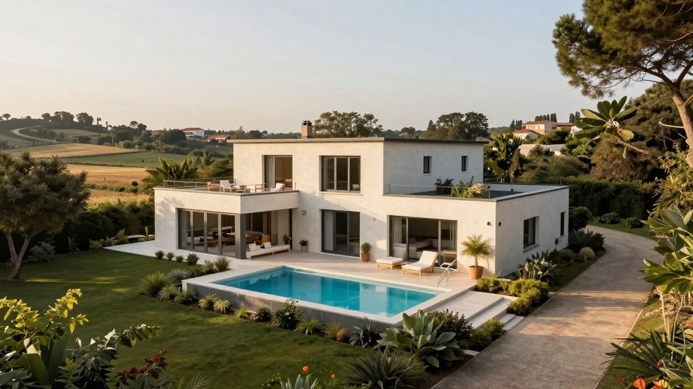 Maison contemporaine vue du ciel au coucher du soleil