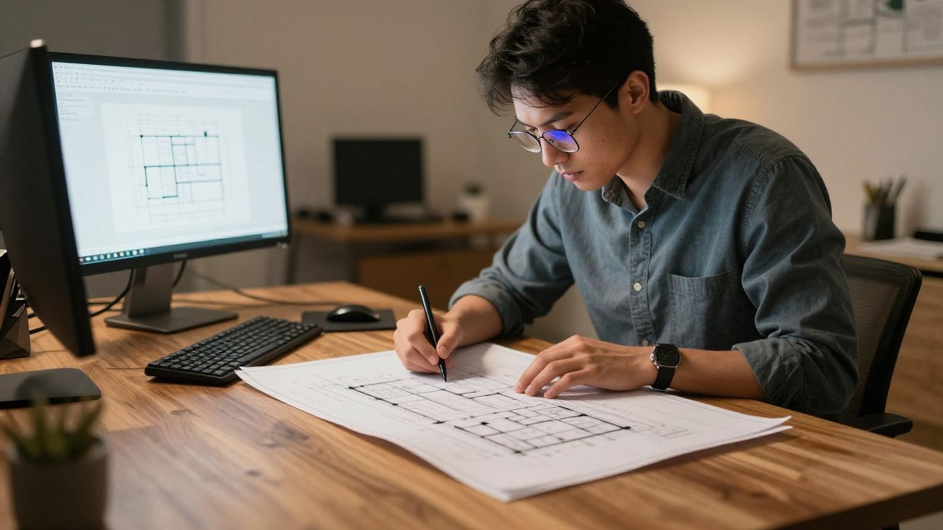 An architect working on building blueprints at a desk