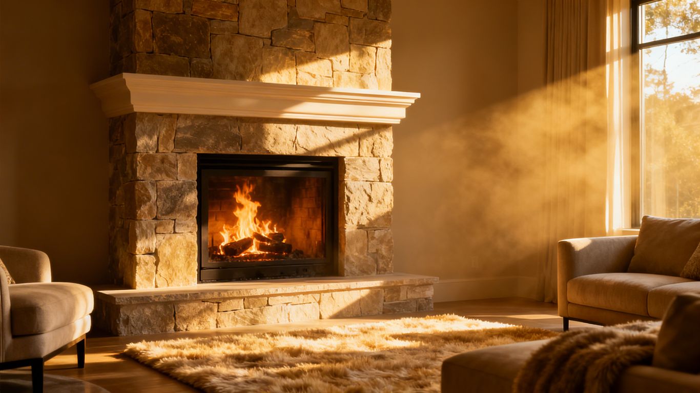 Cozy living room with a modern stone fireplace and warm fire.