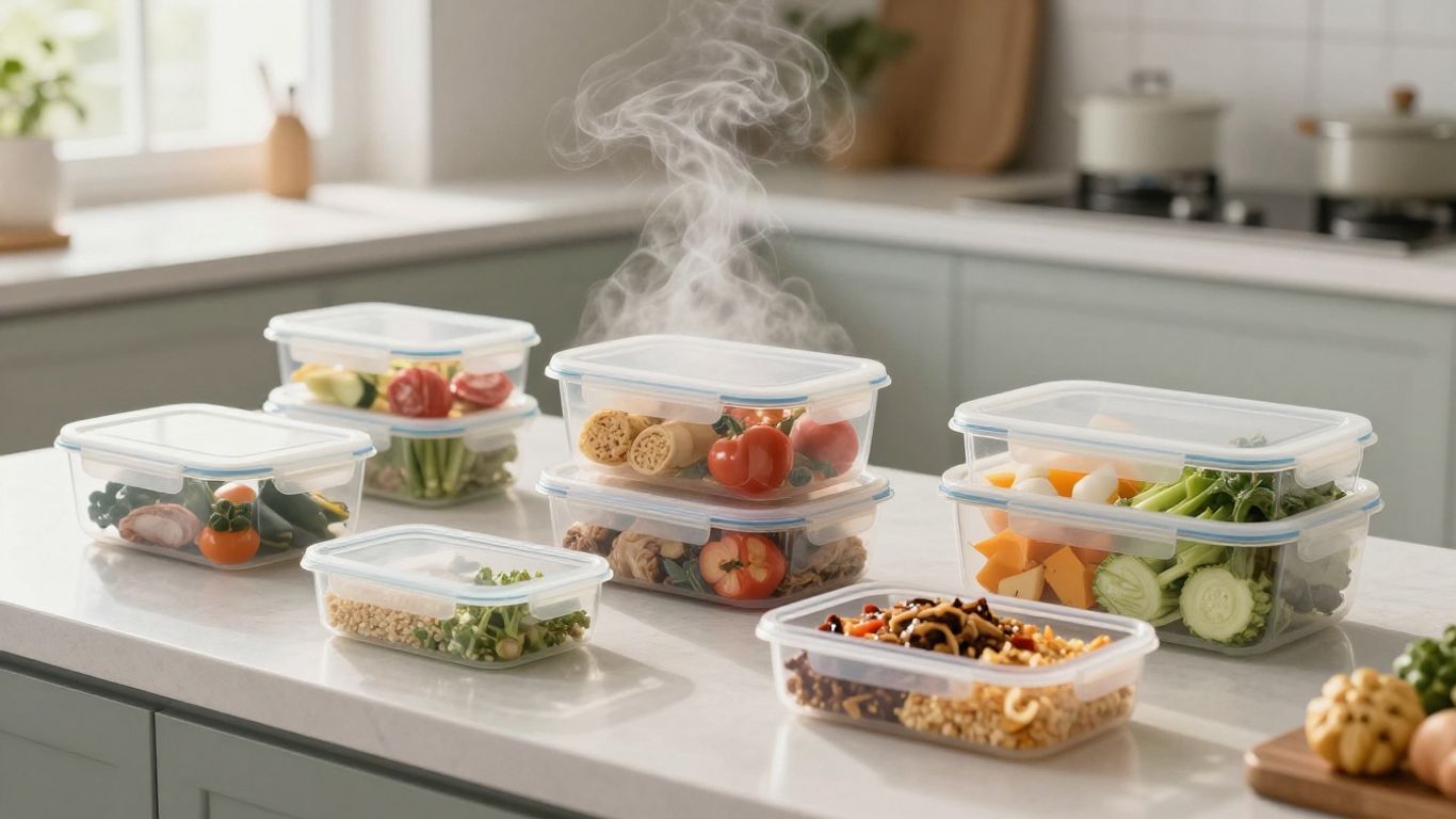 Batch-cooked meals cooling in containers on a kitchen countertop