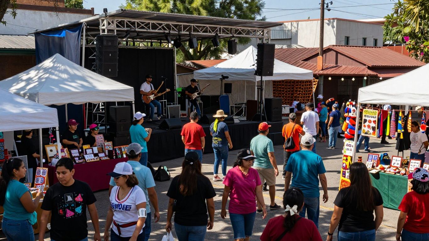 People enjoying crafts and music at Pecan Street Festival.