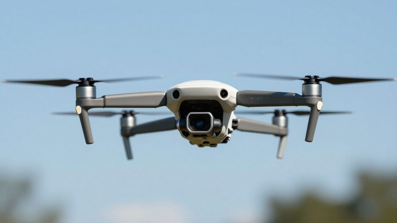Drone hovering in a clear blue sky.