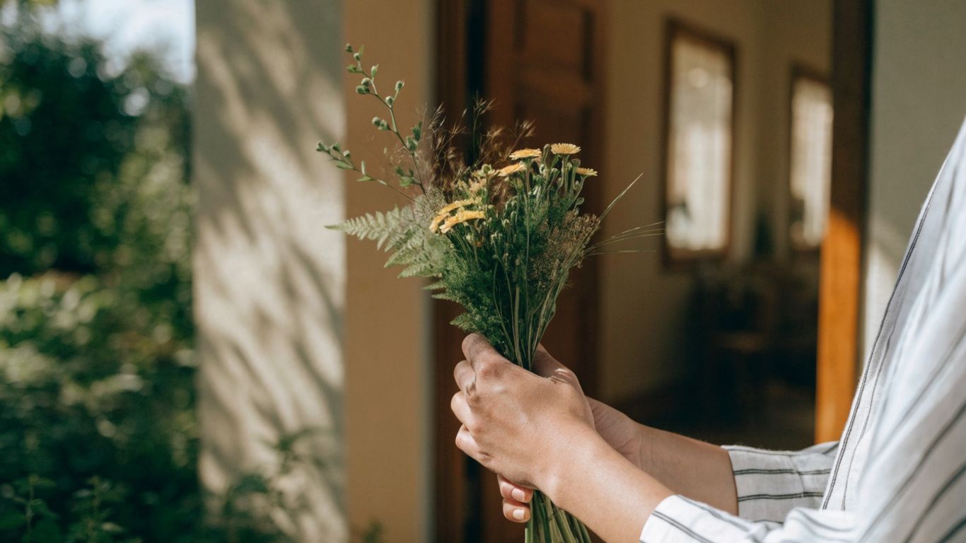 A hand holding a thoughtful bouquet near a doorway