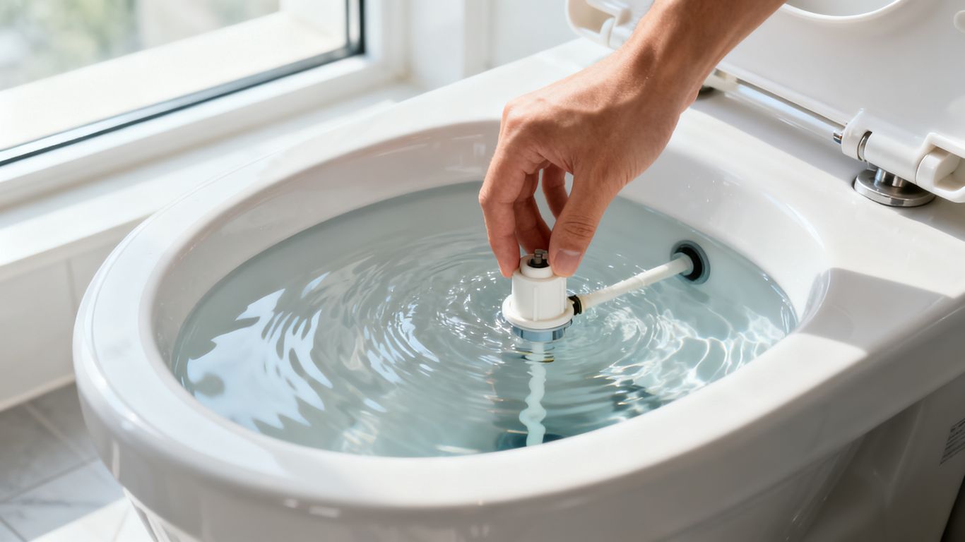 Hand fixing leaking toilet tank in bright bathroom