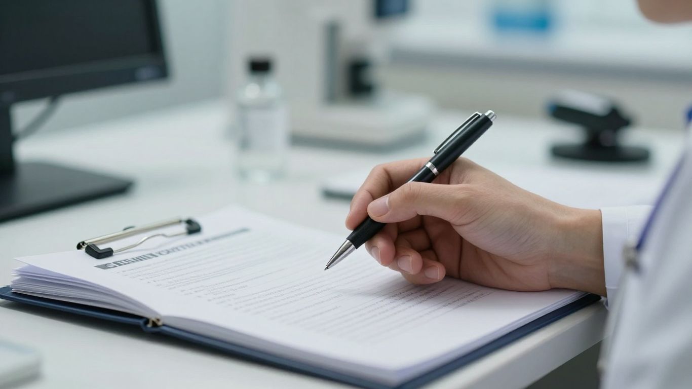 A medical professional reviewing patient documents in office