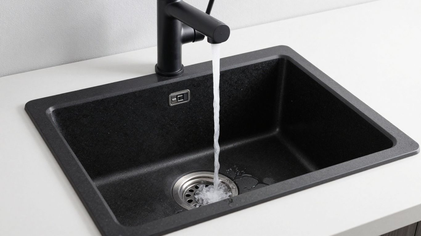 Stylish black granite kitchen sink with modern faucet.