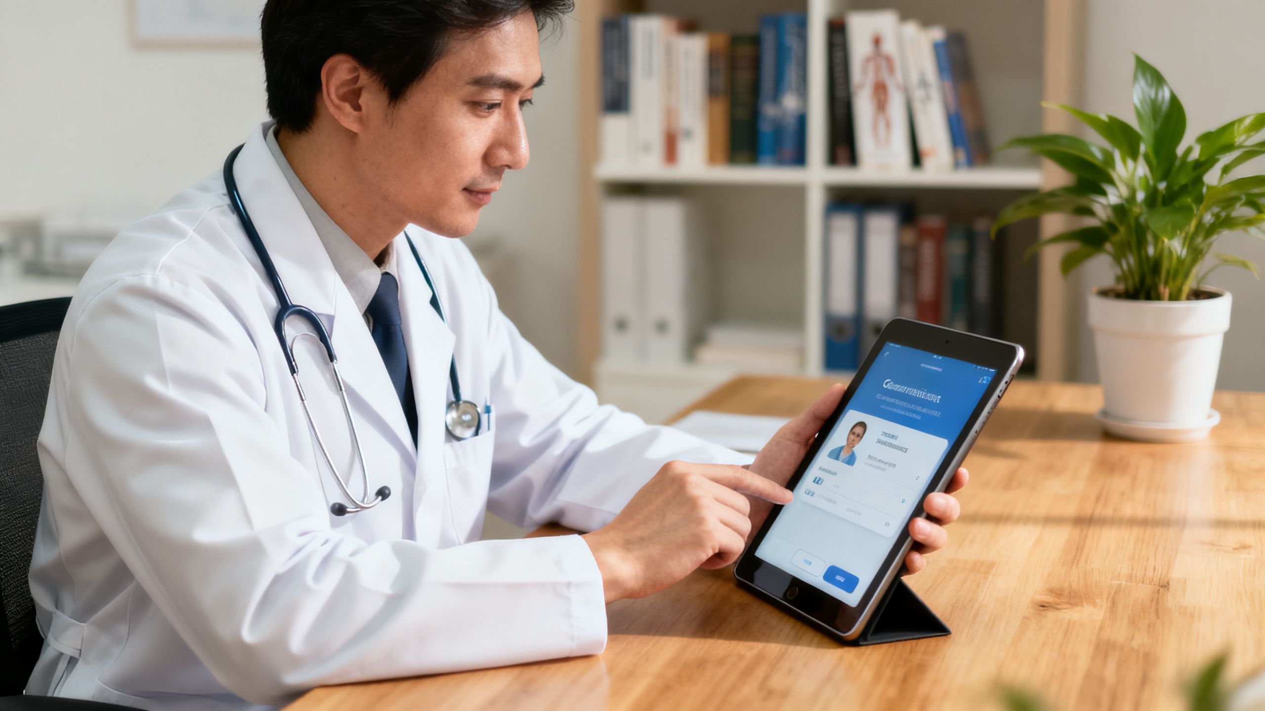 A physician using a digital tablet for patient communication in a clinic office