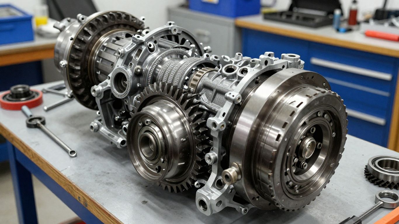 Technician inspecting rebuilt transmission components