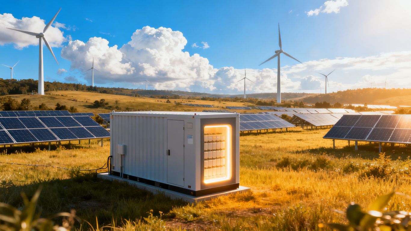 Wind turbines, solar panels, and battery storage for a green grid.