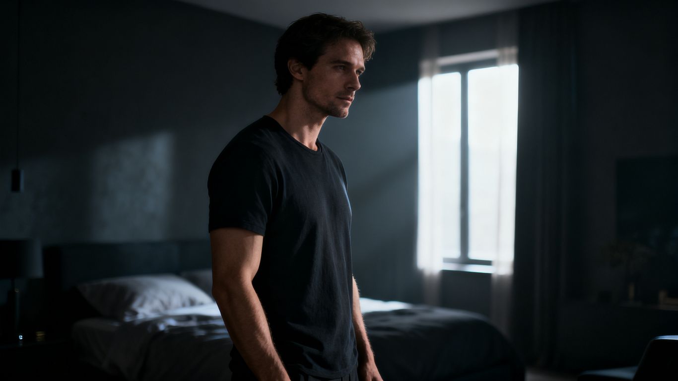 Hyper realistic adult male figure in cinematic interior