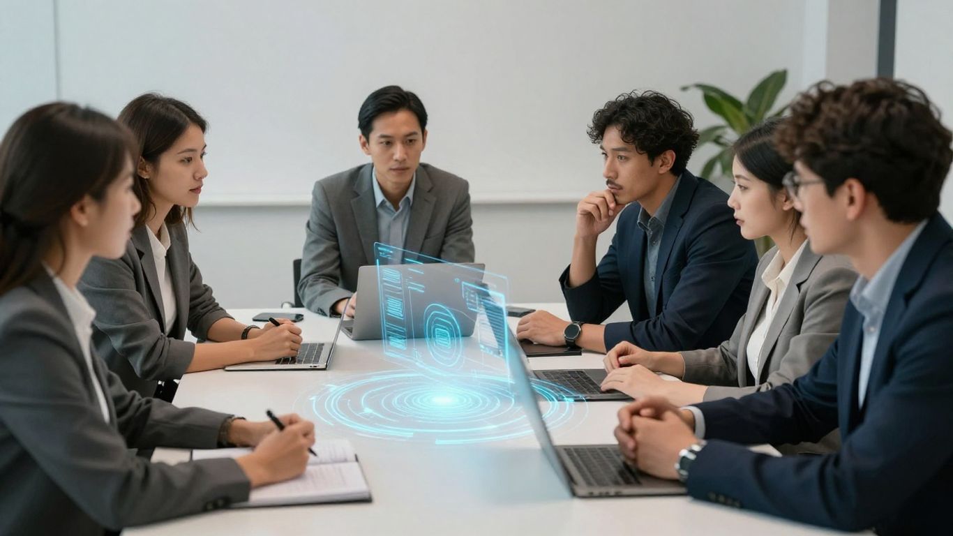 Team collaborating with futuristic innovation tools.