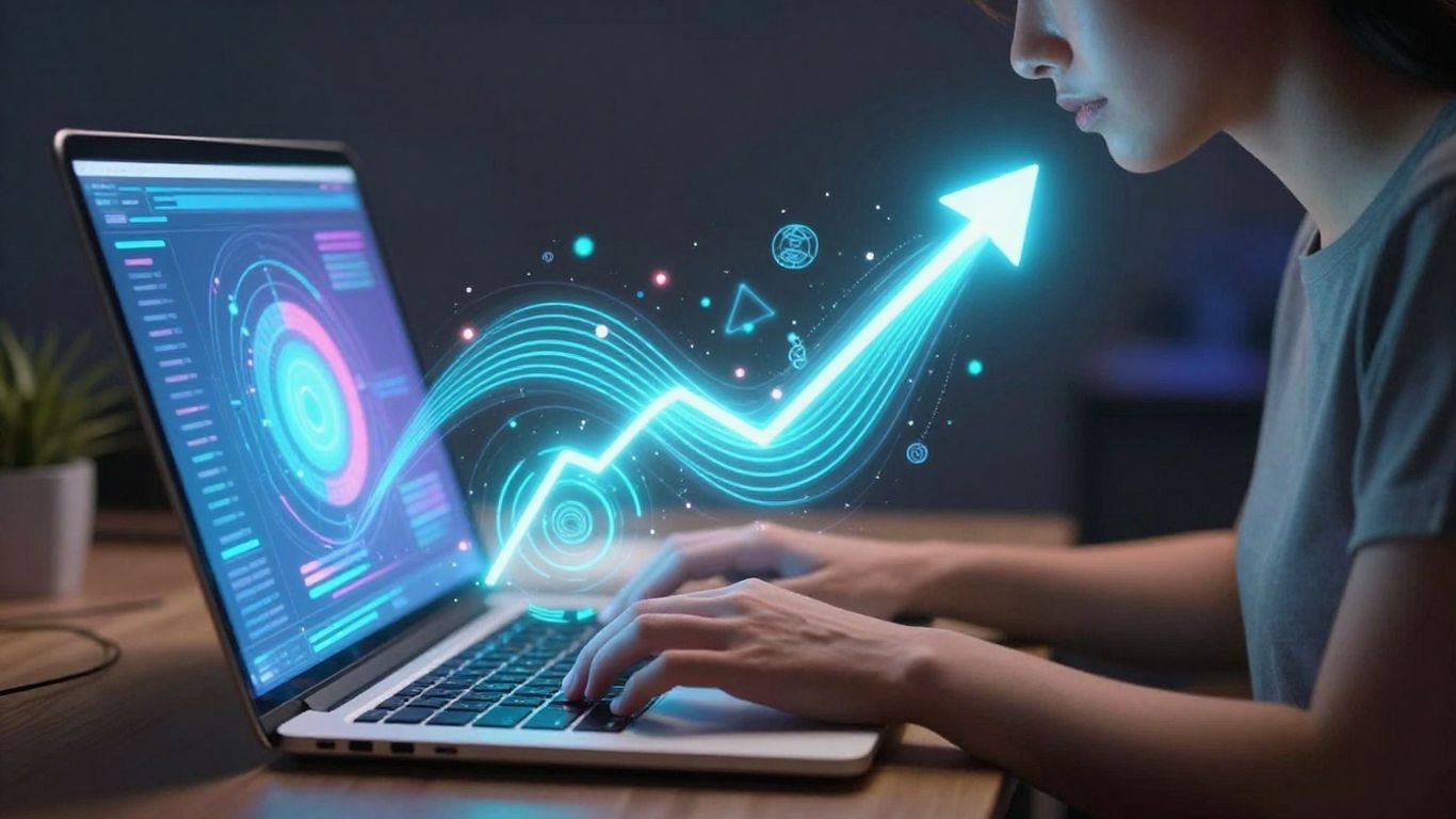 Pessoa interagindo com interface digital online para atrair clientes.