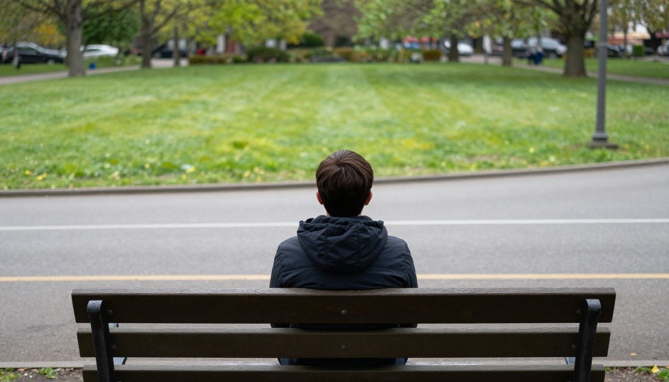 A thoughtful person sits on a park bench, looking out at a path that splits into two different directions, symbolizing a diverging journey in a relationship.