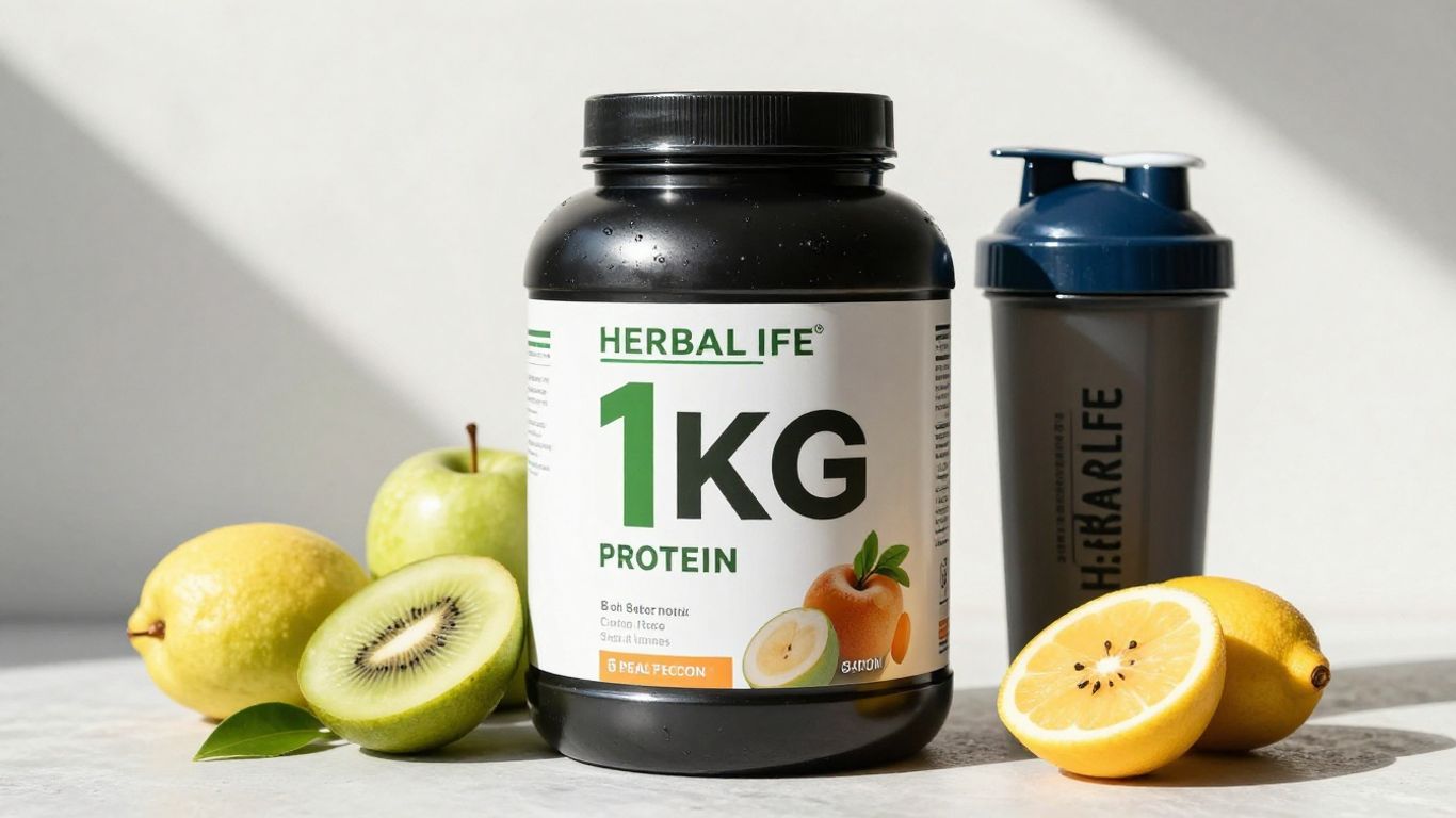 Herbalife protein powder tub with fruits and shaker