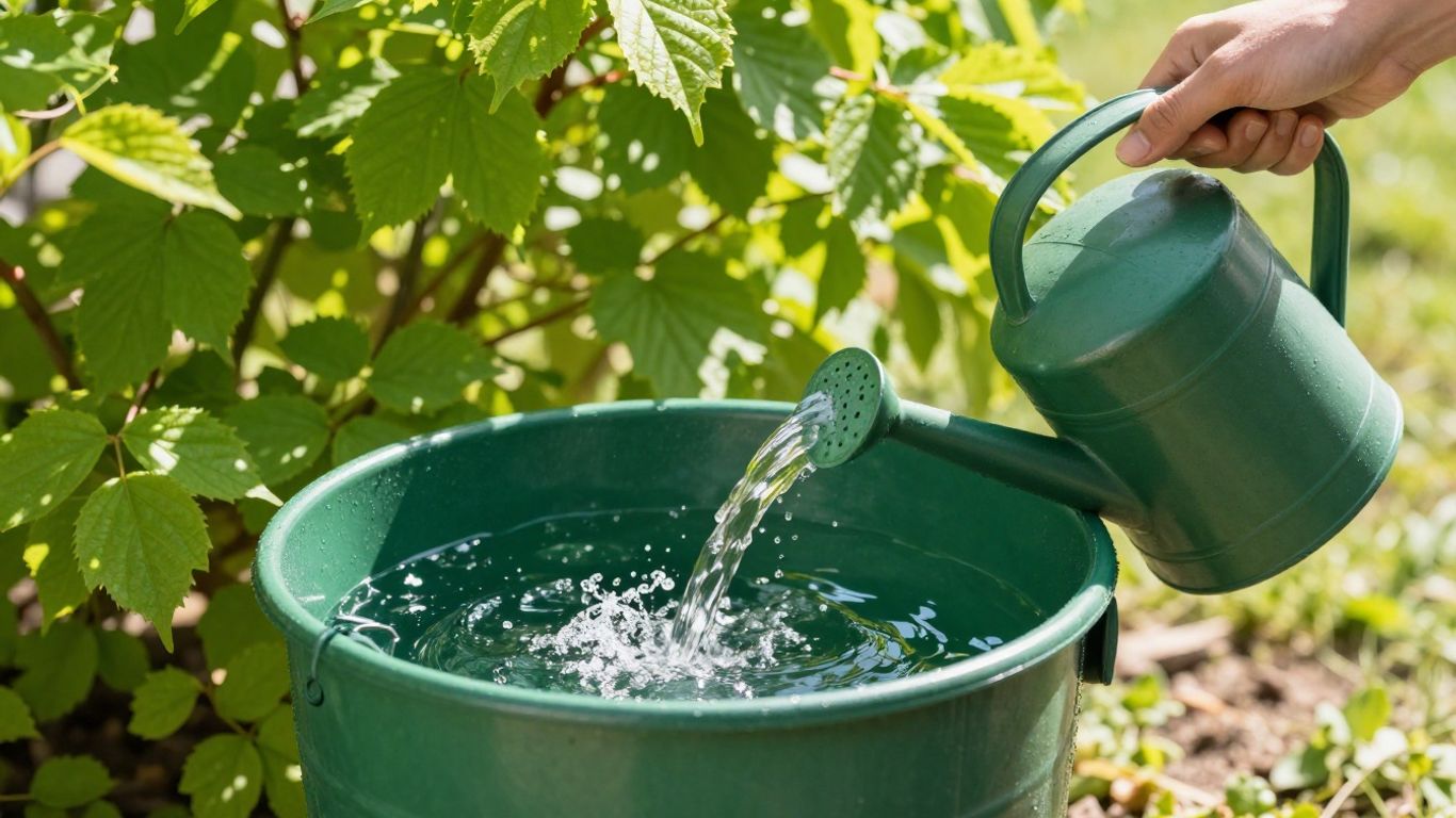 Regentonne im Frühling mit Gießkanne und Blättern