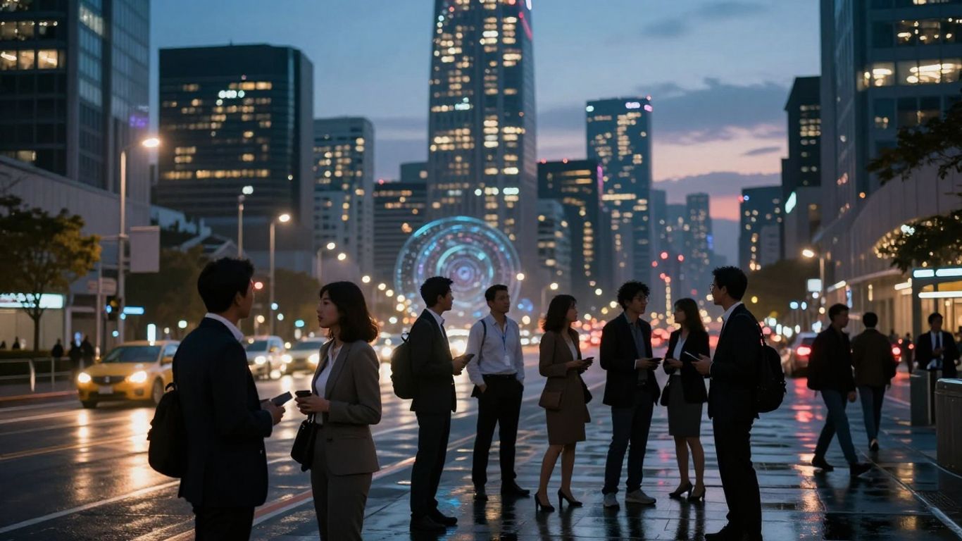 Cityscape at dusk with professionals discussing future innovations.