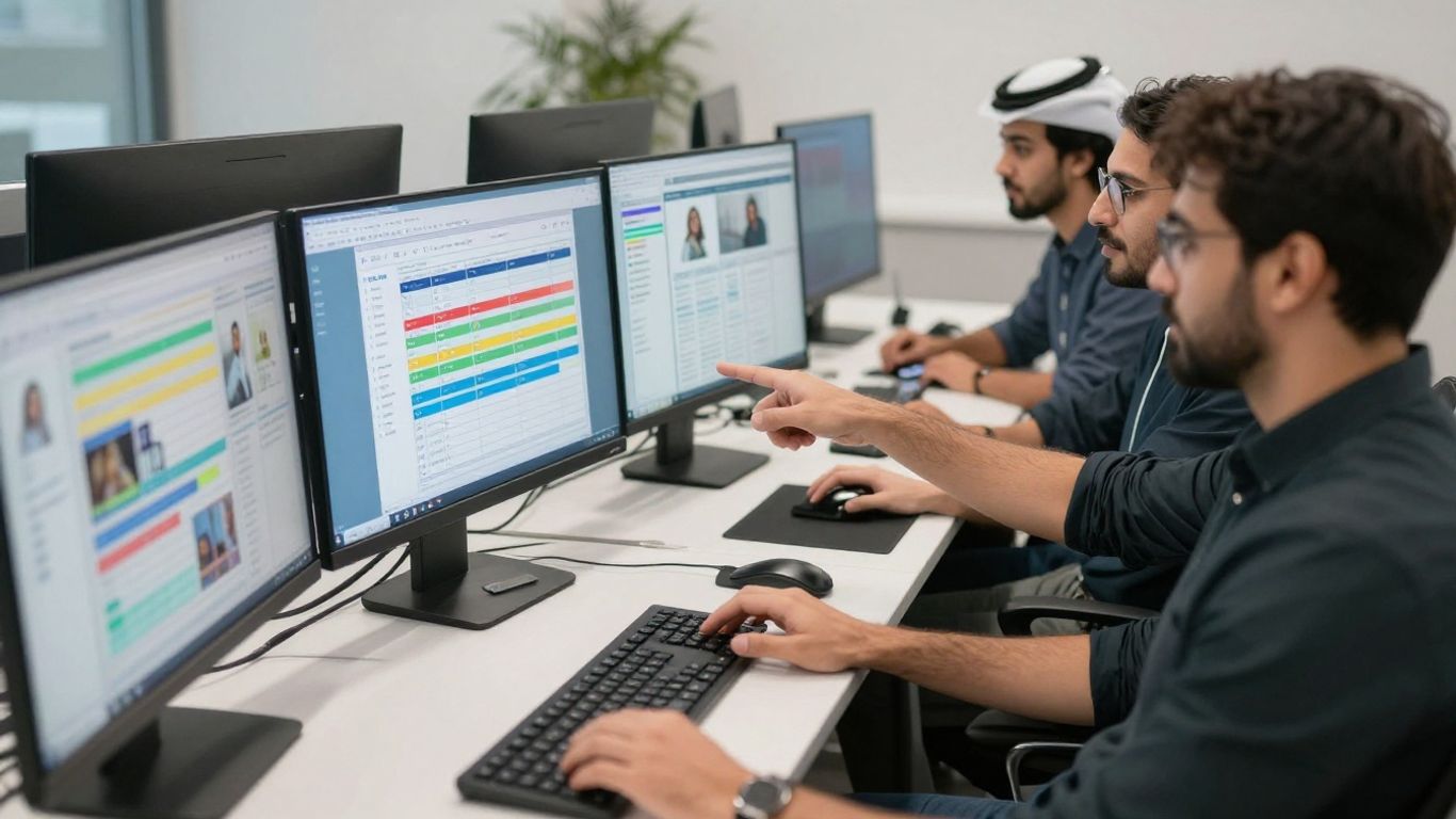 Equipo trabajando en herramientas de gestión de proyectos.