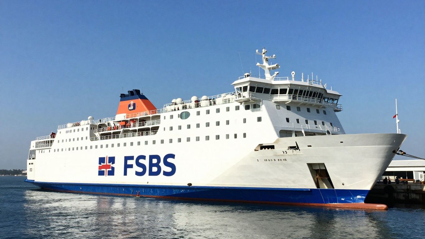 DFDS ferry docked at port with clear blue sky.