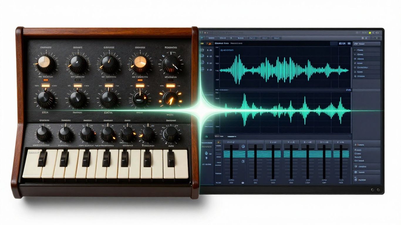 Analog synthesizer meets digital audio workstation interface.