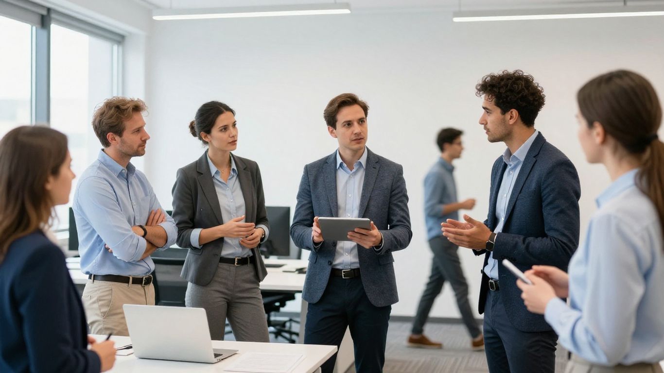 Mitarbeiter im Büro mit Tablet und blauen Akzenten.