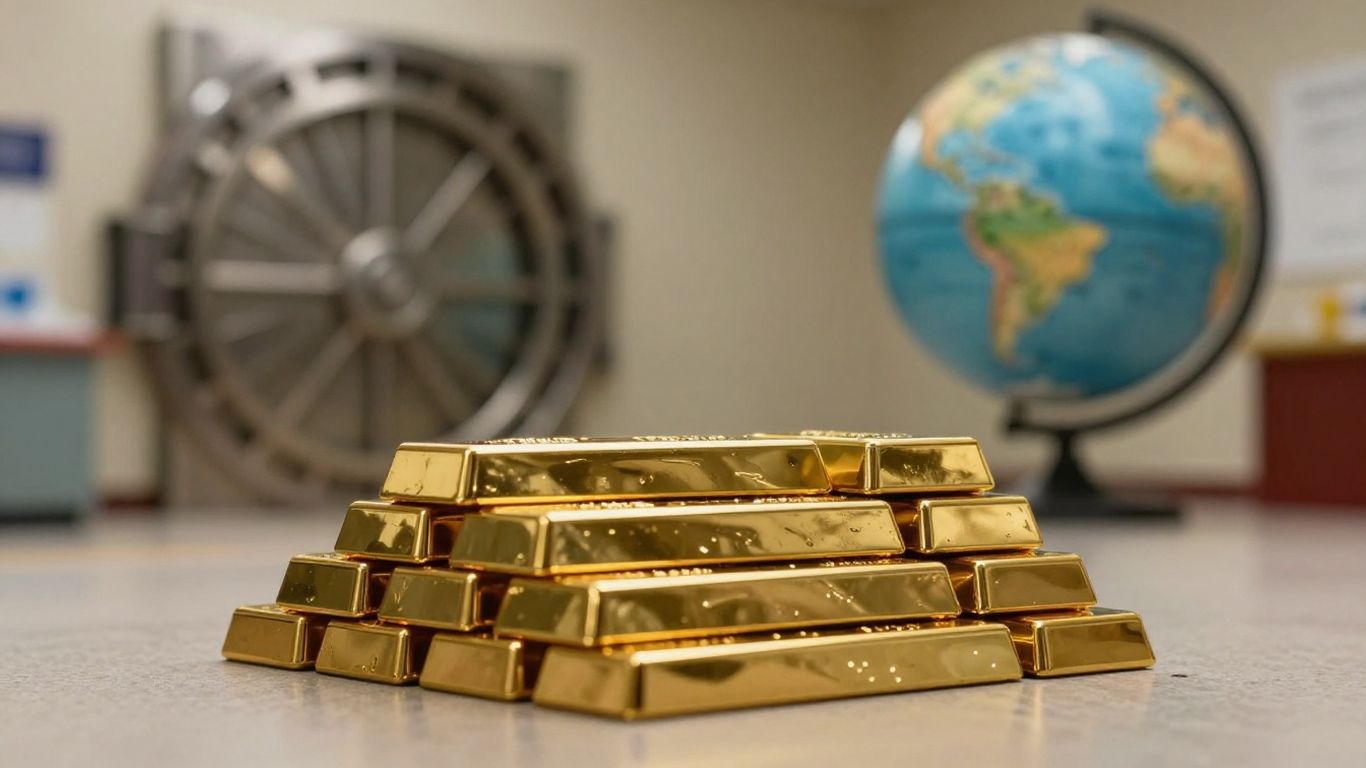 Gold bars in front of a vault door and a globe.