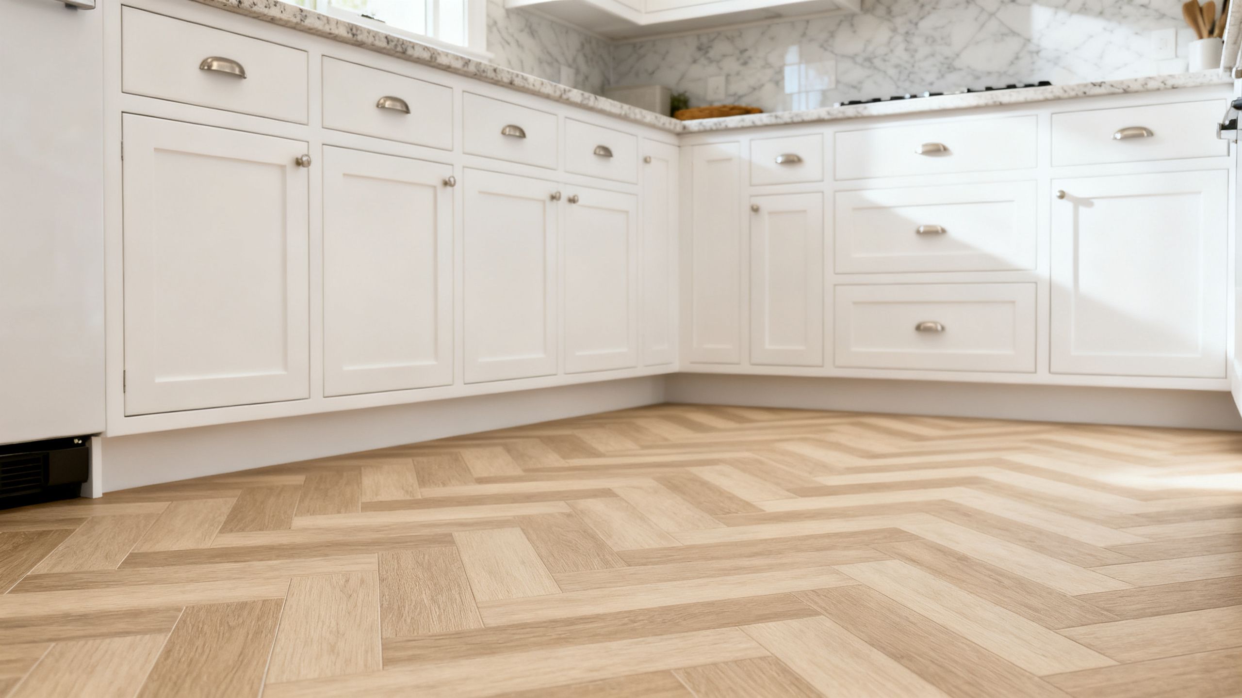 Professionally installed herringbone Amtico LVT flooring in a bright Bristol kitchen, with precise pattern alignment, clean white cabinetry and realistic premium stone-effect detail