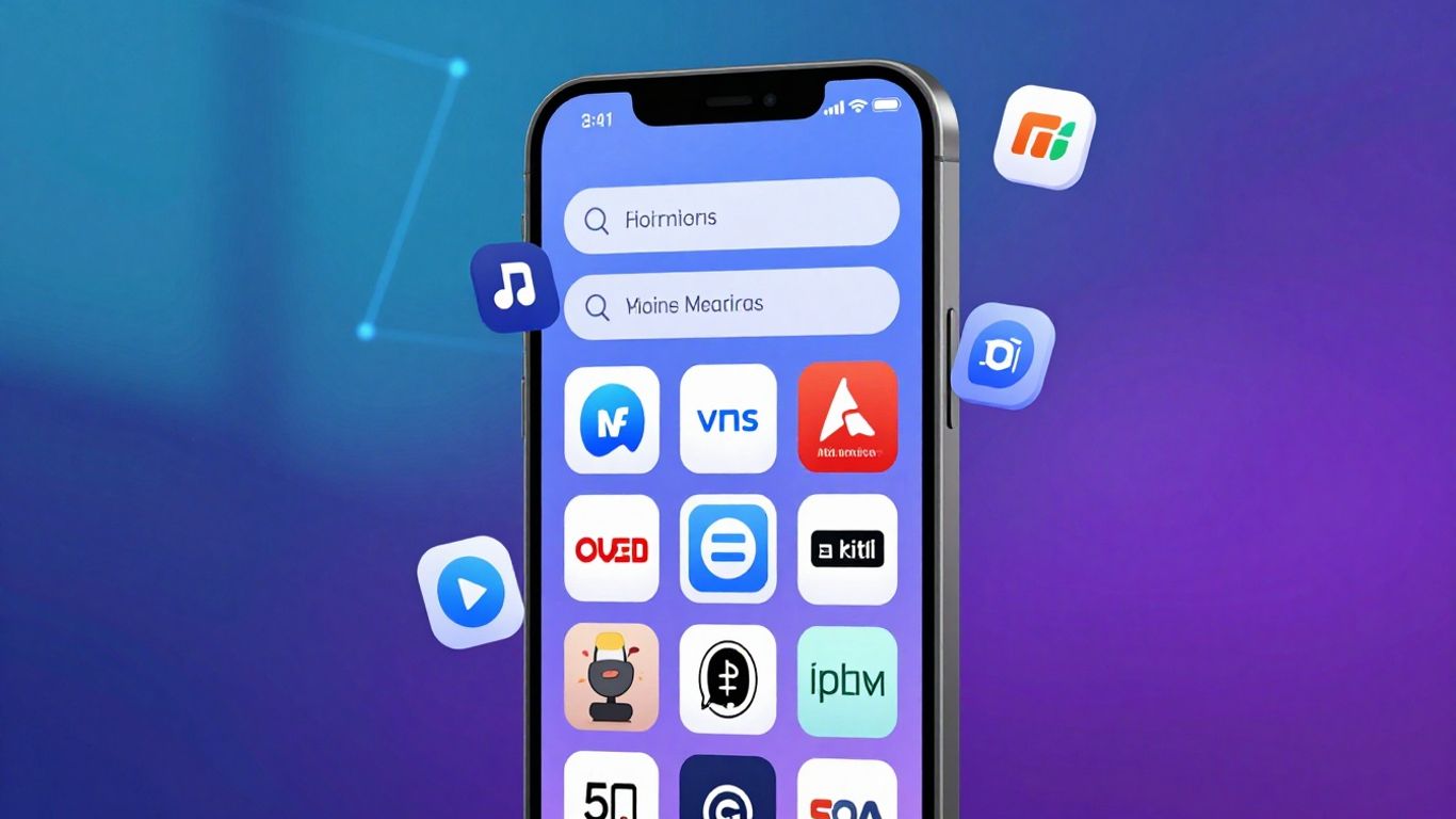 Smartphone displaying social media with floating platform icons.