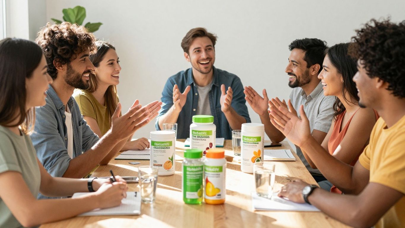 People collaborating and smiling around Herbalife products.