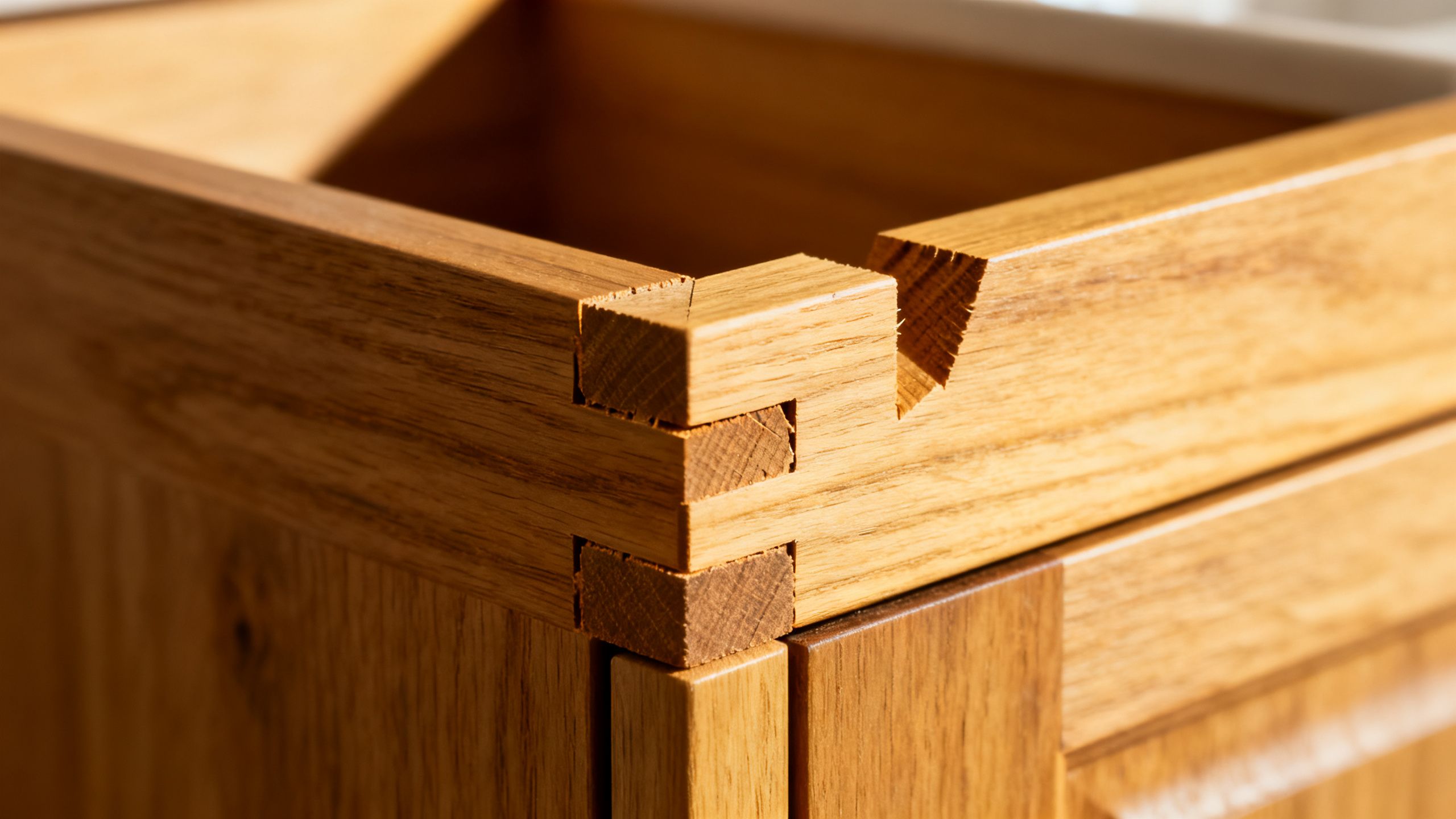 A detailed close-up of a dovetail joint on a custom-made solid wood bathroom vanity drawer, showcasing fine craftsmanship.
