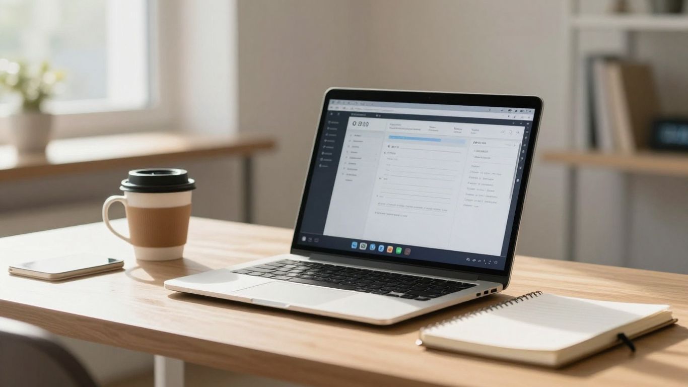 Desk with planner, timer, and coffee for productivity.