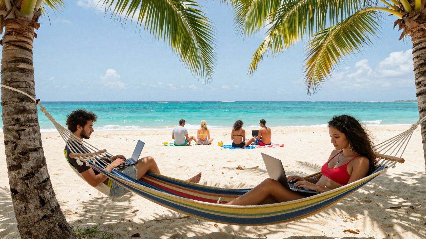 Digital nomads working on laptops on a tropical beach.