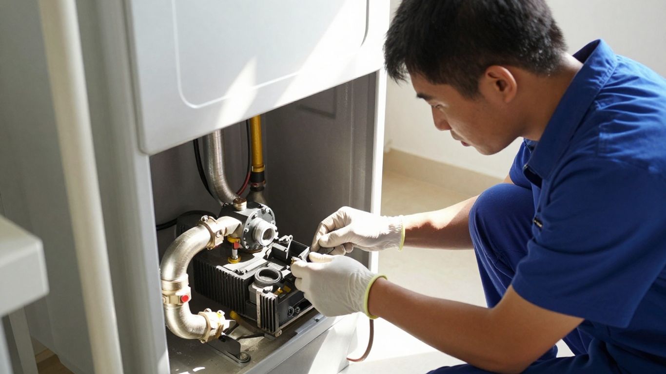 Technicien vérifiant une installation de chauffage domestique.