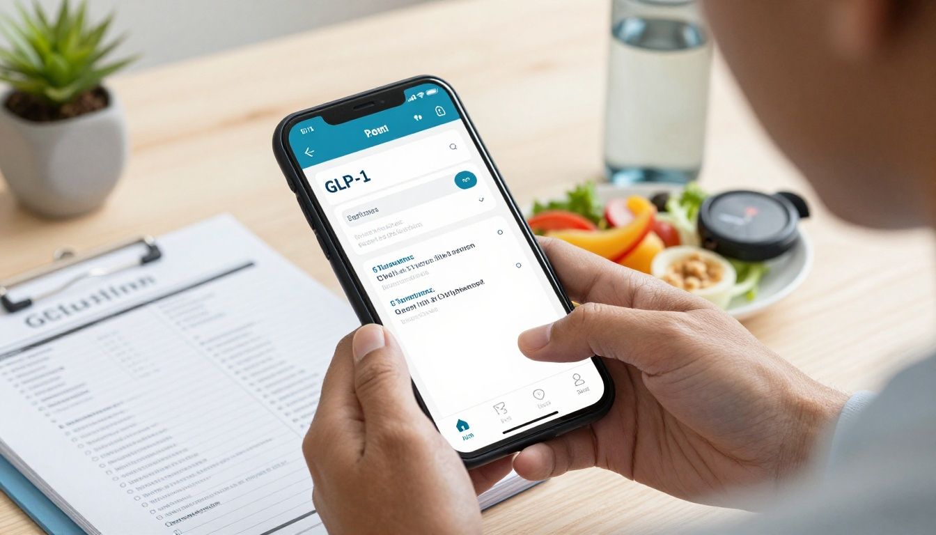 Bright modern health-tech scene showing a diverse adult reviewing GLP-1 treatment progress on a smartphone beside organized health notes, a water bottle, balanced meal, fitness tracker, and lab results; realistic, clean, optimistic, no text or logos.