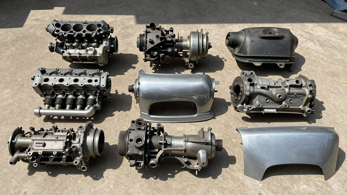 Used Nissan car parts stacked neatly
