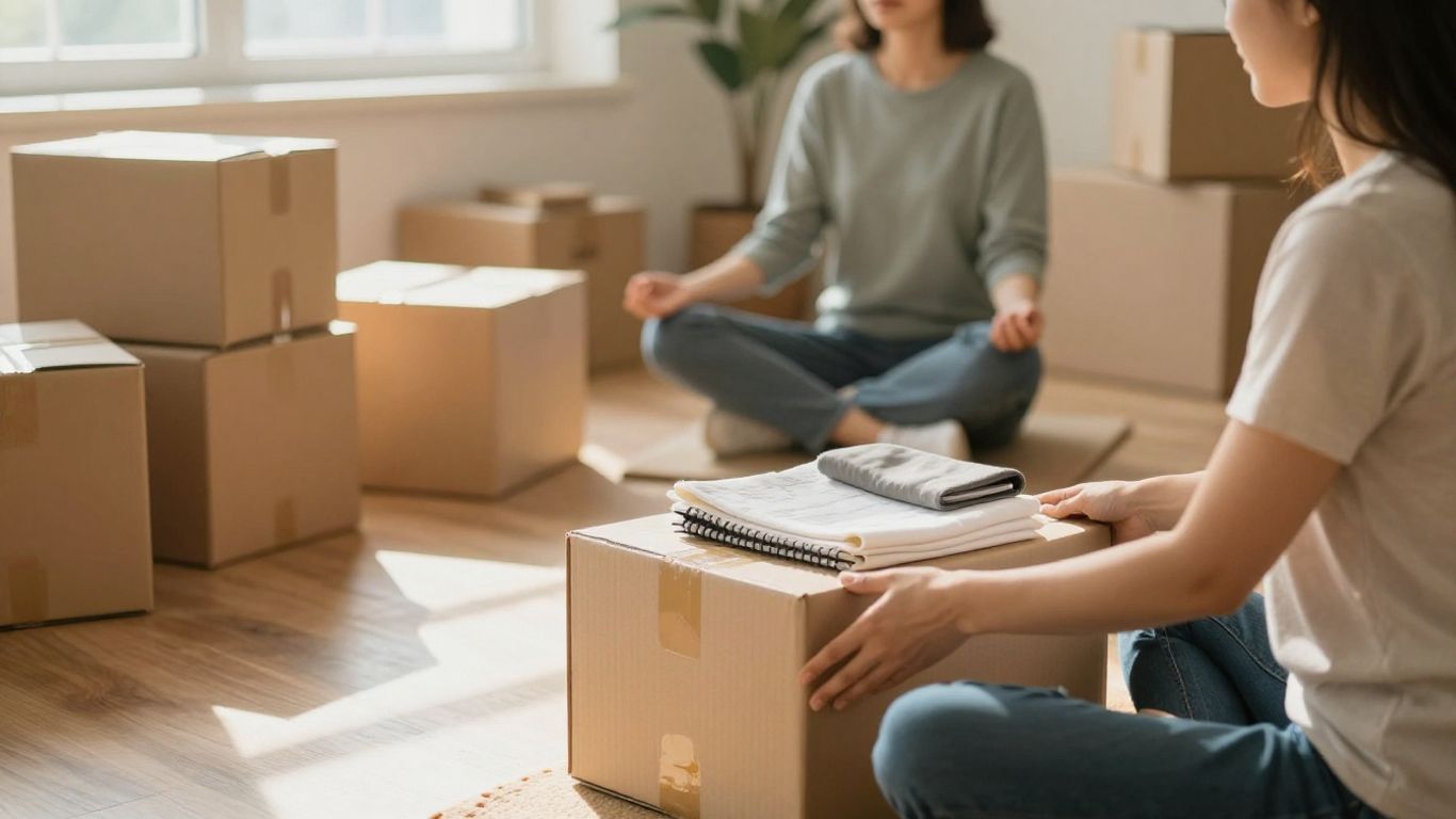Calm person packing and meditating during a move.