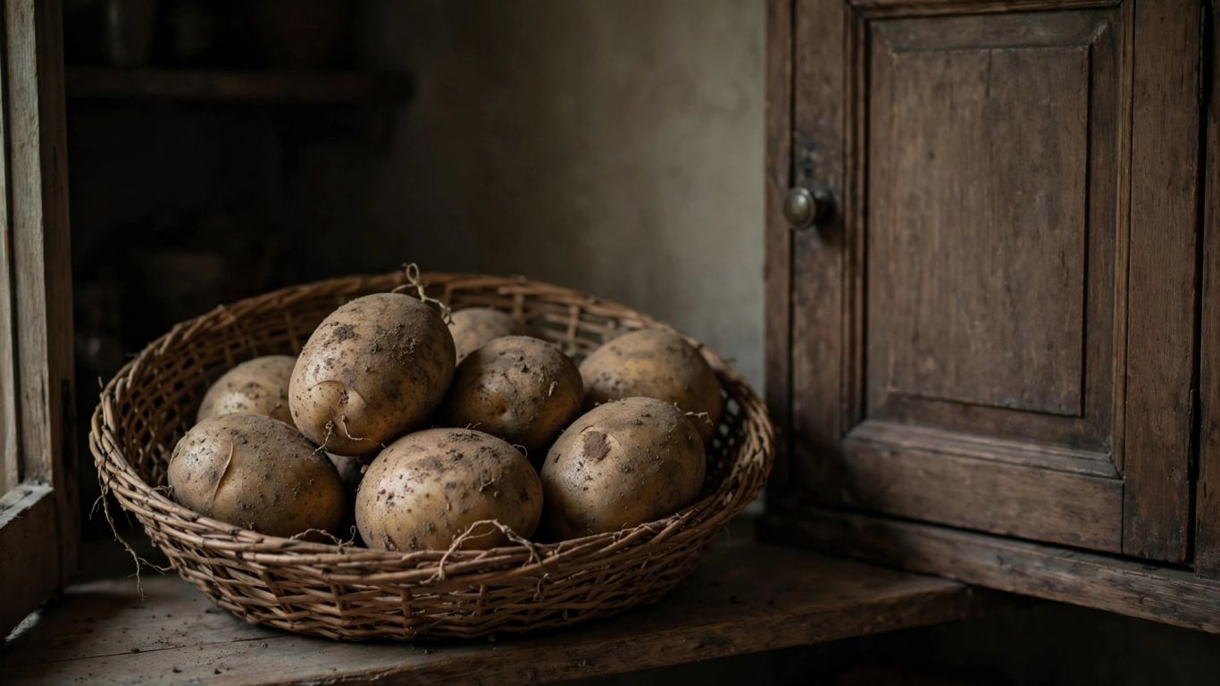 Aardappelen in een open mand in een donkere voorraadkast
