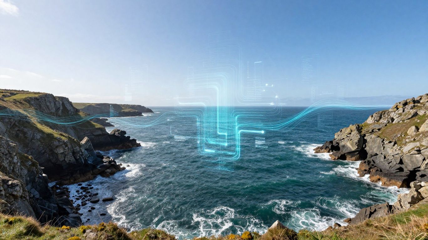 Cornwall coast with digital data streams and AI integration.