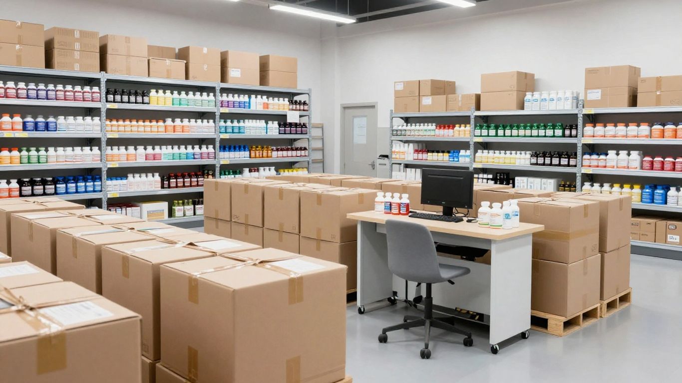 Warehouse staff organizing inventory and shipping supplies