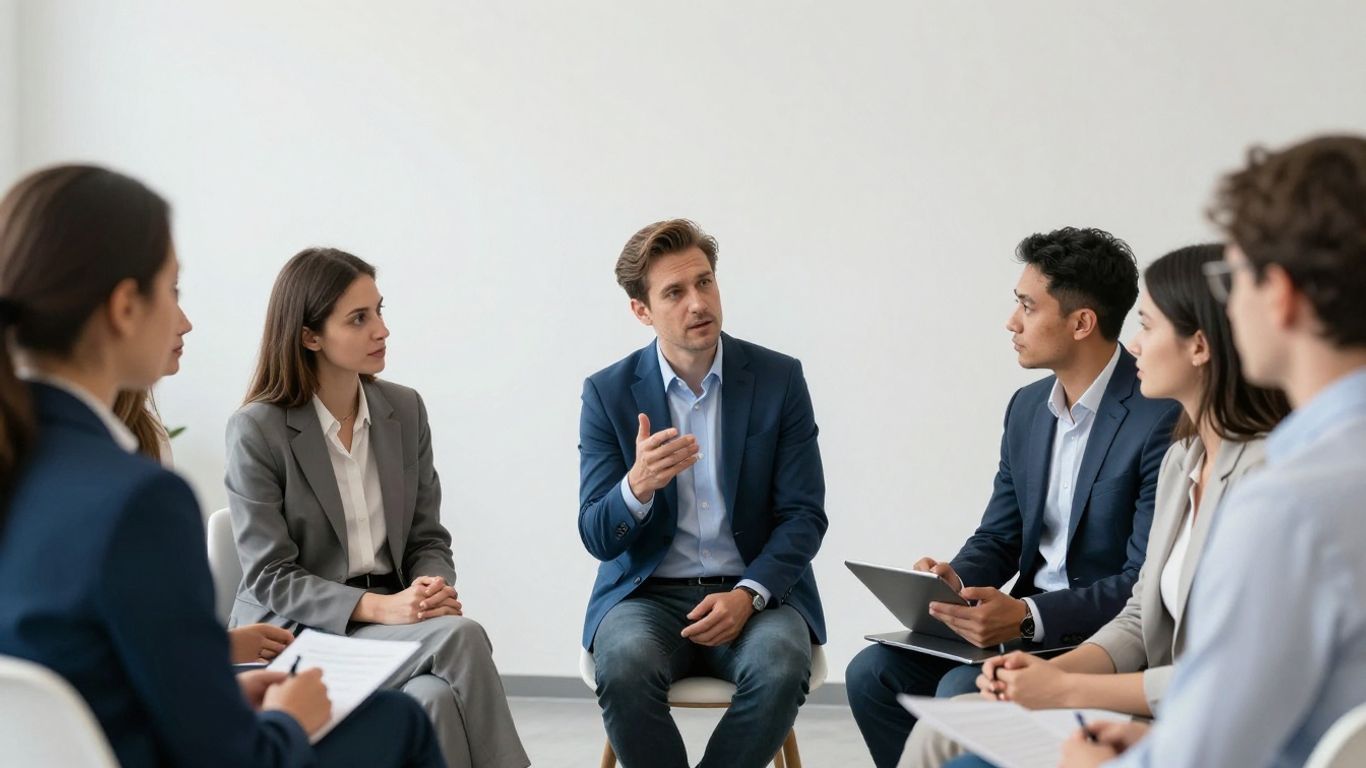 Diskutierende Geschäftsleute im Büro mit blauen Akzenten.