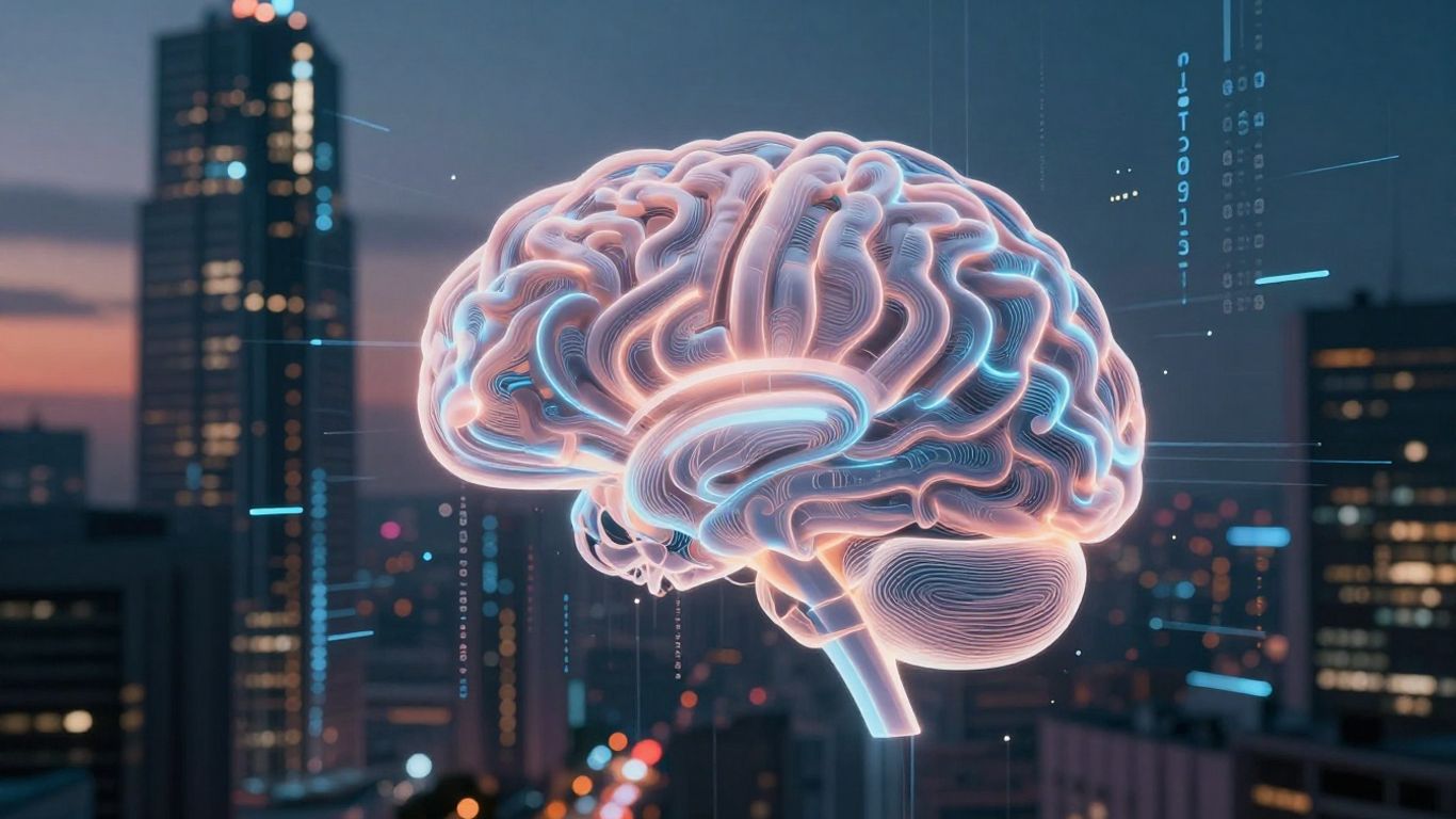 Futuristic cityscape with AI brain element.