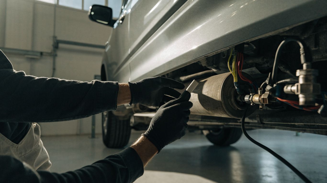Technician inspecting a diesel exhaust filter underneath a car