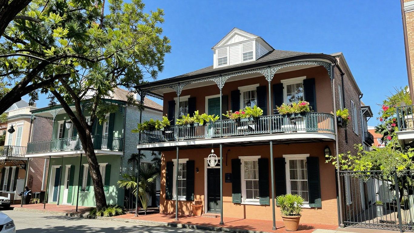New Orleans street with colorful houses and balconies.