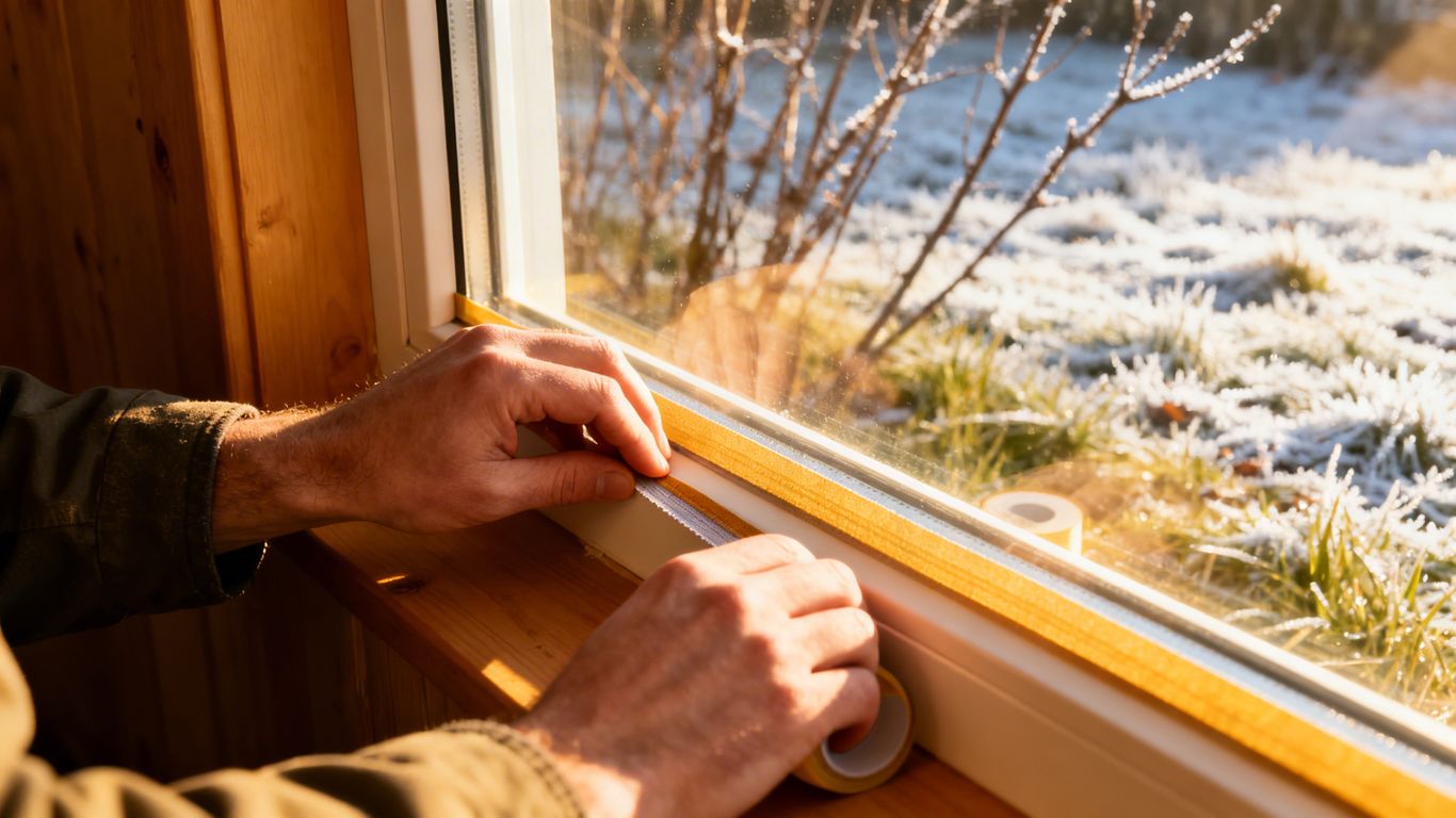Applying weatherstripping to window to stop winter drafts