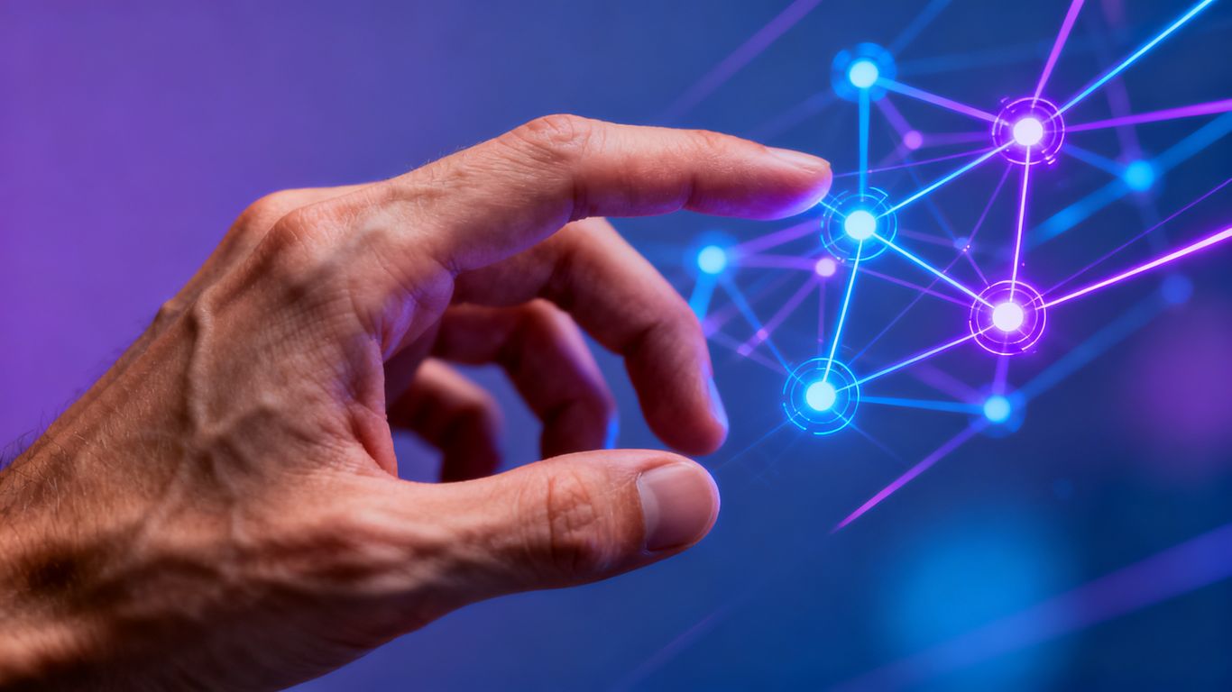 AI and human hand connecting digital nodes
