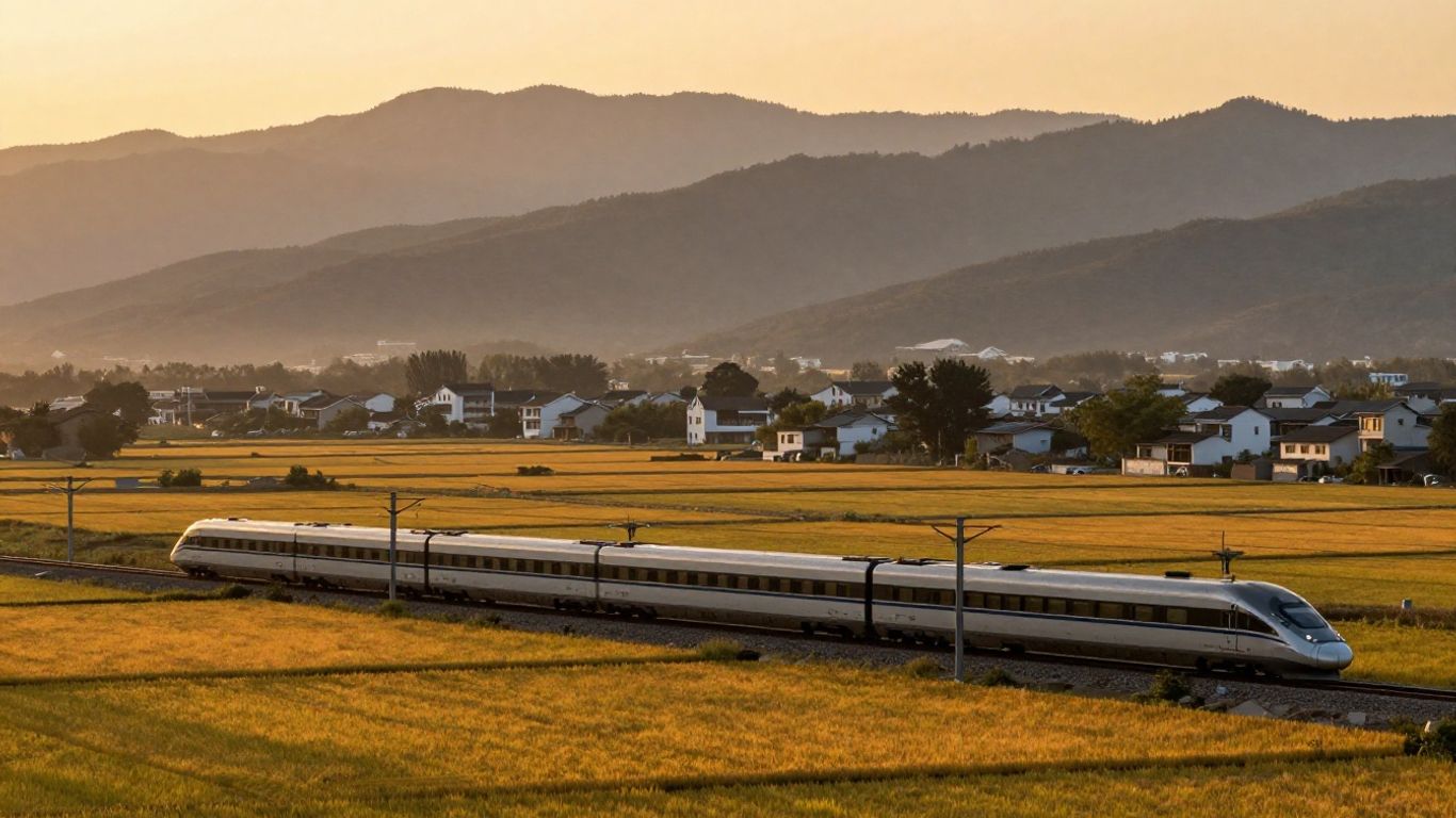 High-speed train crossing a Chinese landscape at sunset