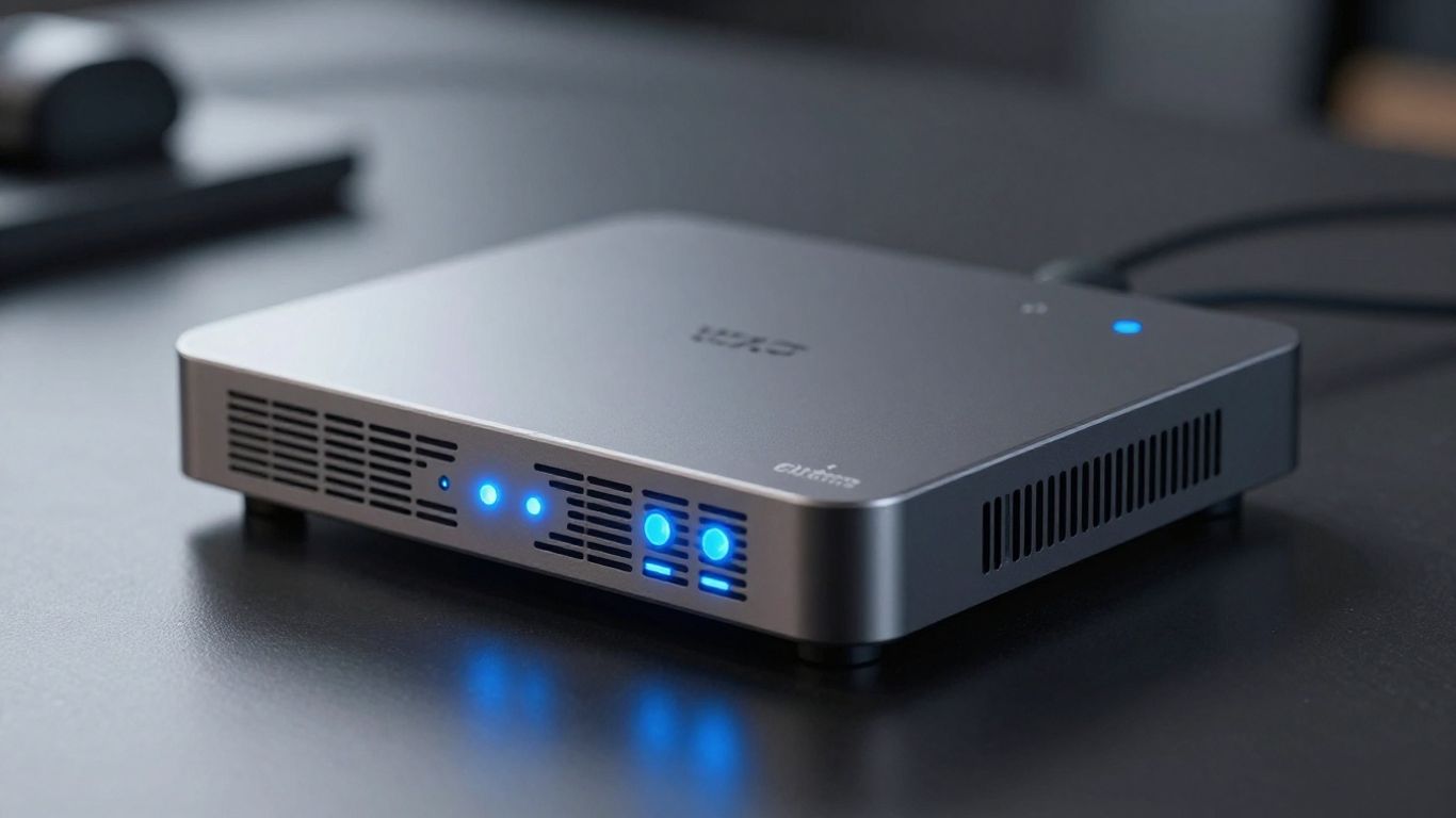Modern set-top box with blue lights.