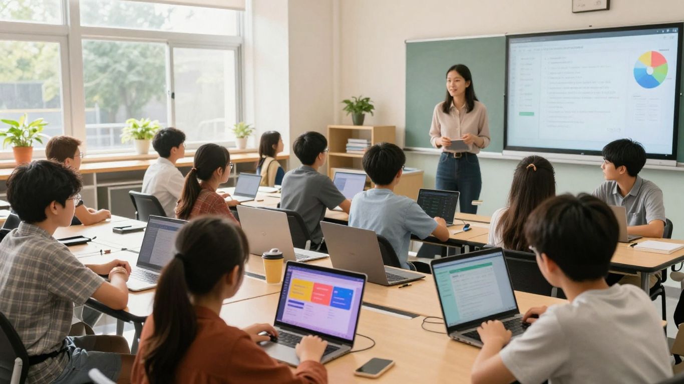 Students and teacher using technology in a classroom.