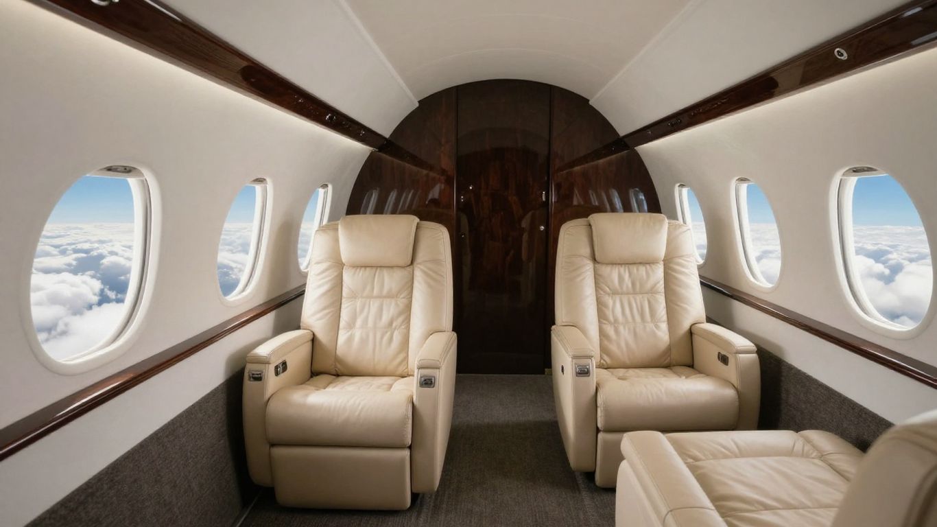 Luxury private jet interior with comfortable seating and window view.